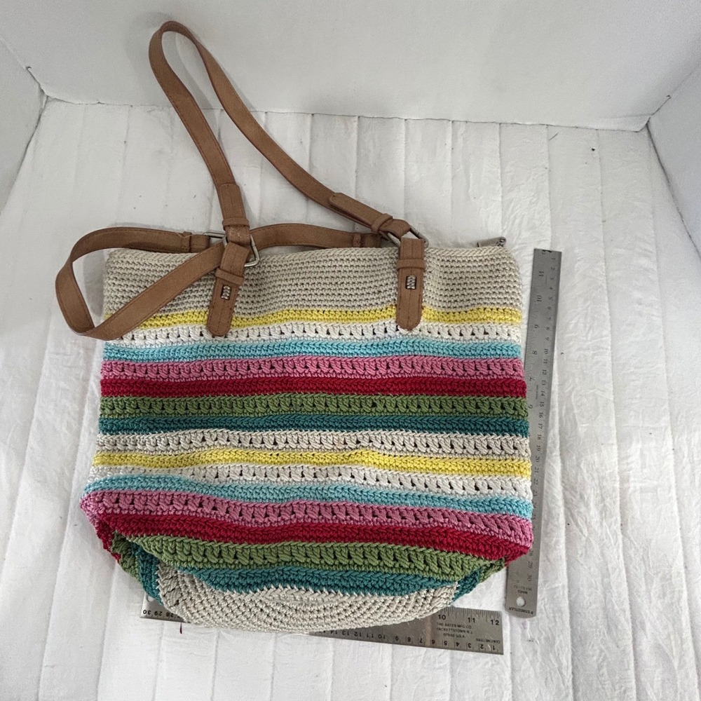 The Sak Crochet Tote Bag Multicolor Striped Boho Zip Shoulder Bag Beige Pink